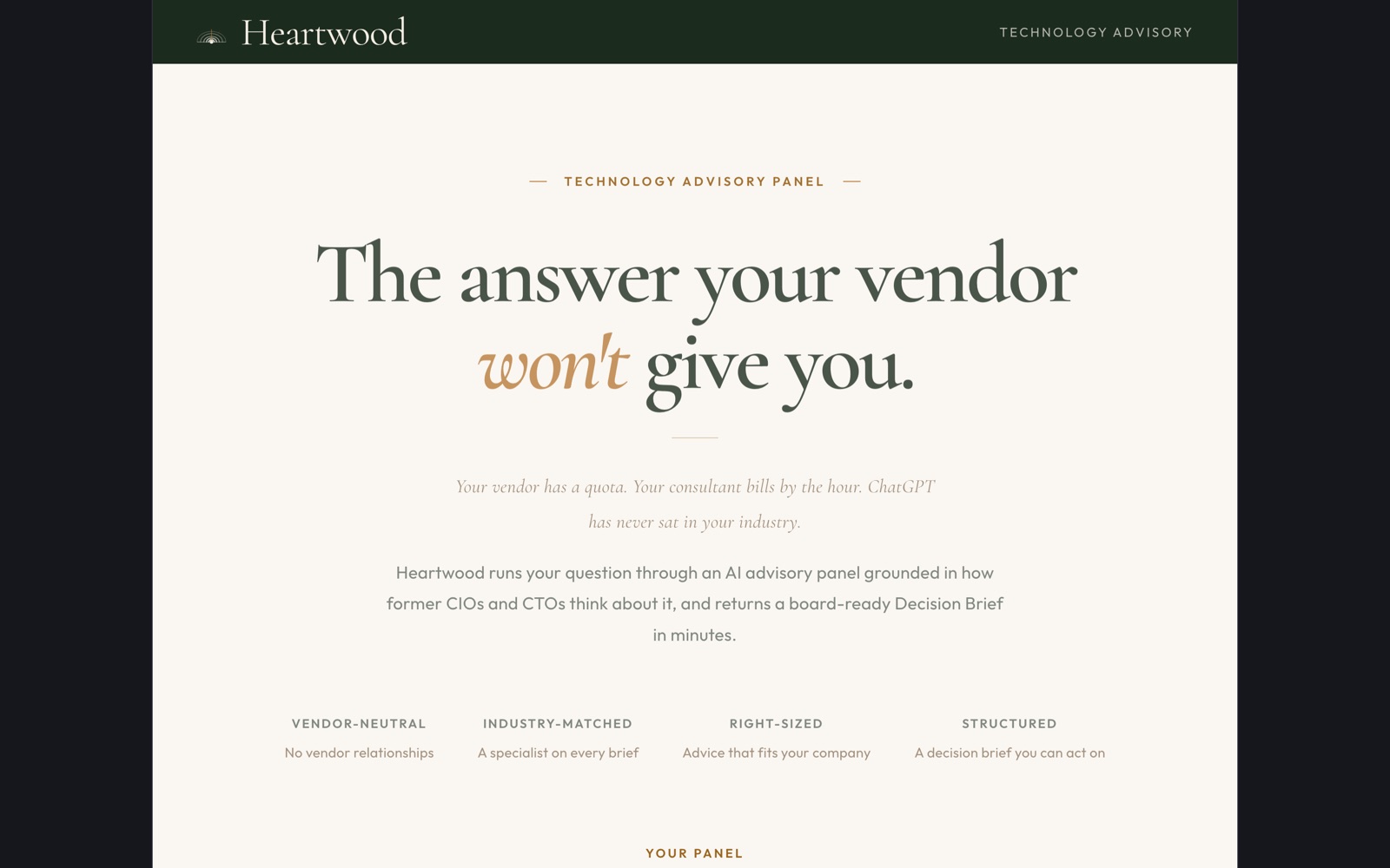 The Heartwood app: a technology question asked and a structured decision brief coming back from the panel.